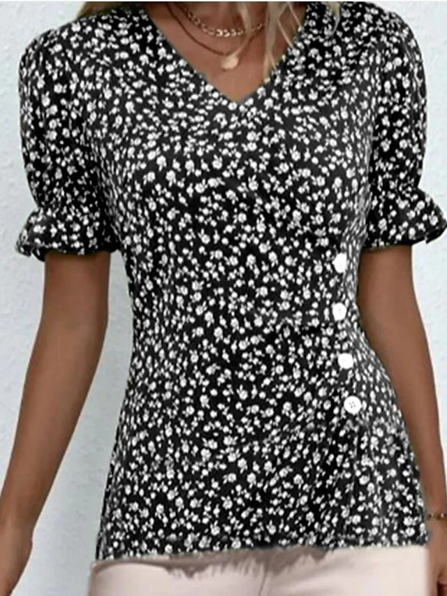 Women's Shirt Blouse Black Red Royal Blue Floral Button Print Short Sleeve Holiday Casual V Neck Regular Fit Floral Puff Sleeve 9 Women's Shirt Blouse Black Red Royal Blue Floral Button Print Short Sleeve Holiday Casual V Neck Regular Fit Floral Puff Sleeve - Image 9