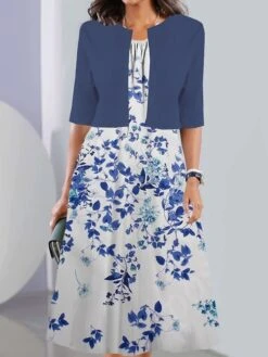 Women's Two Piece Dress Set Casual Dress Chiffon Dress Daily Going Out Fashion Streetwear Pocket Print Midi Dress Crew Neck Half Sleeve Floral Loose Fit Yellow Wine Navy Blue Summer Spring S M L XL