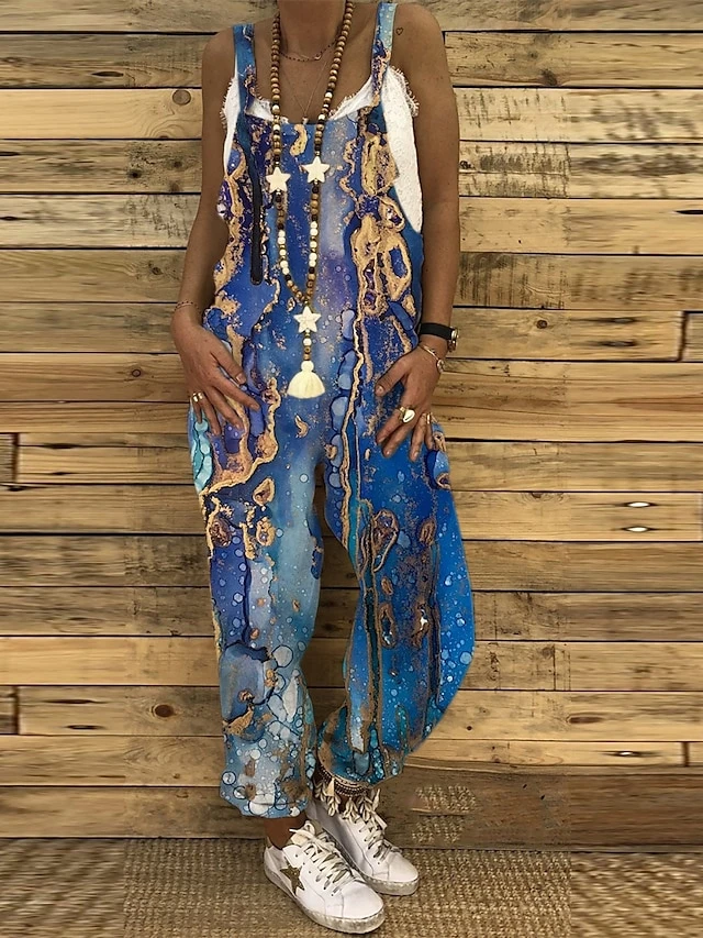 Women's Overall Button Pocket Geometric U Neck Holiday Daily Vacation Casual Straight Regular Fit Sleeveless Sleeveless Light Green Navy Blue Blue S M L Summer 3 Women's Overall Button Pocket Geometric U Neck Holiday Daily Vacation Casual Straight Regular Fit Sleeveless Sleeveless Light Green Navy Blue Blue S M L Summer - Image 3