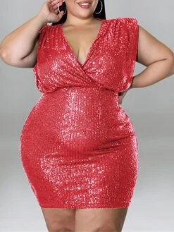 Women‘s Plus Size Curve Party Dress Solid Color V Neck Sequins Short Sleeve Spring Summer Sequins Prom Dress Short Mini Dress Party Back To School Dress Sequin Dress Homecoming Dress -Cheap Plus Fit Dress Store wykswy1652866159234