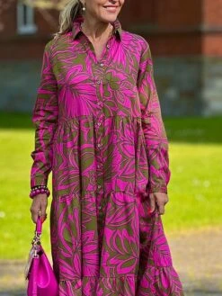 Women's Shirt Dress Casual Dress Swing Dress Maxi Long Dress Outdoor Daily Vacation Satin Fashion Modern Shirt Collar Button Print Long Sleeve Spring Fall 2023 Loose Fit Dark Pink Floral S M L XL 2XL -Cheap Plus Fit Dress Store wymihw1692004790819