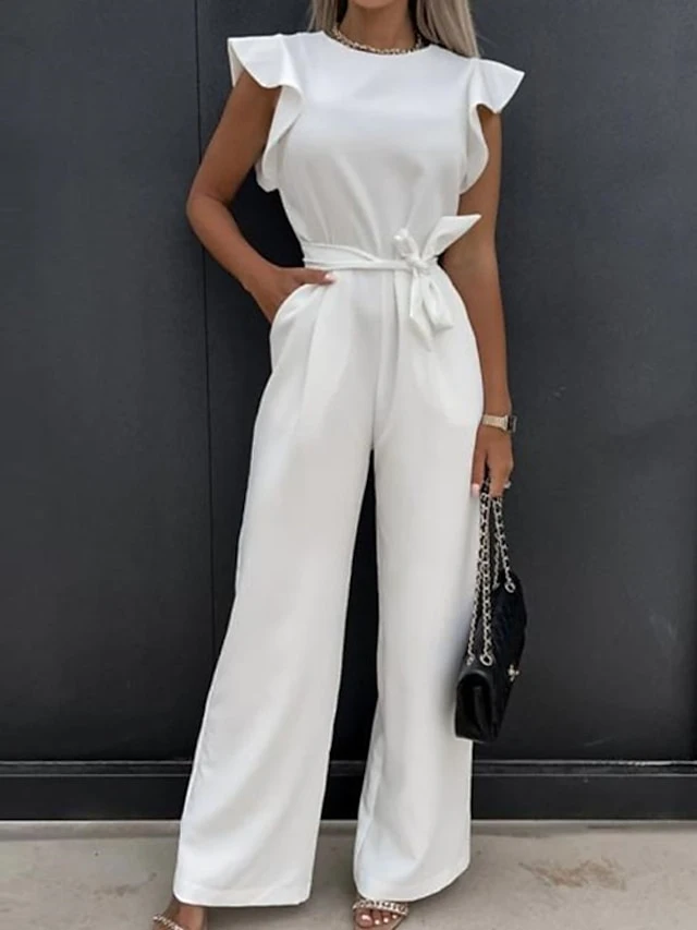 Women's Jumpsuits Casual Summer Lace Up Ruffle Solid Color Round Neck Elegant Party Going Out Regular Fit Short Sleeve White Blue Pink S M L Spring Fall 5 Women's Jumpsuits Casual Summer Lace Up Ruffle Solid Color Round Neck Elegant Party Going Out Regular Fit Short Sleeve White Blue Pink S M L Spring Fall - Image 5