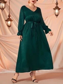 Women's Plus Size Curve Prom Dress Party Dress Wedding Guest Dress Long Dress Maxi Dress Green Long Sleeve Pure Color Lace Up Fall Winter Autumn V Neck Fashion Evening Party Wedding Guest -Cheap Plus Fit Dress Store wzitod1693210707870