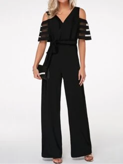 Women's Jumpsuit Mesh Solid Color V Neck Casual Daily Regular Fit Half Sleeve Wine Army Green Navy Blue S M L Spring