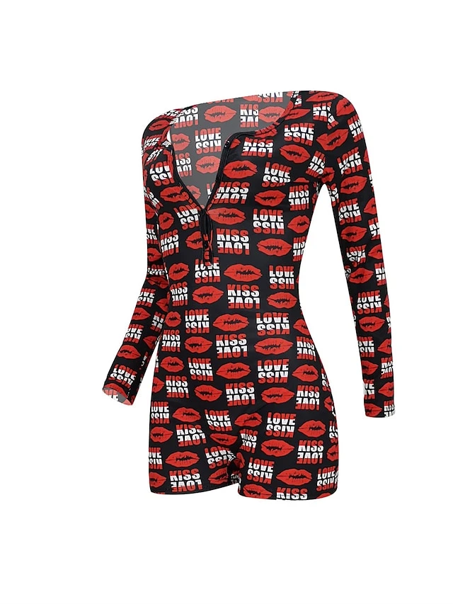 Women's Romper Print Letter V Neck Streetwear Street Daily Regular Fit Long Sleeve Red S M L Summer 4 Women's Romper Print Letter V Neck Streetwear Street Daily Regular Fit Long Sleeve Red S M L Summer - Image 4