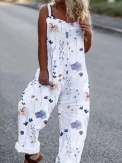 Women's Overall Button Print Floral U Neck Holiday Daily Vacation Straight Regular Fit Sleeveless Sleeveless White Pink Blue S M L Summer