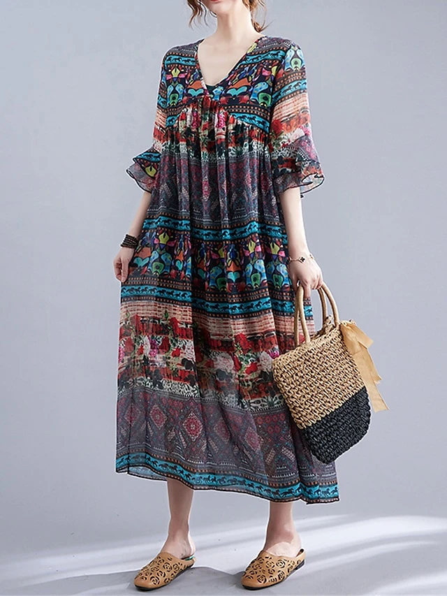 Women's Casual Dress Cotton Linen Dress Swing Dress Midi Dress Linen / Cotton Blend Fashion Classic Outdoor Daily Holiday V Neck Ruched Ruffle 3/4 Length Sleeve Fall Winter Autumn 2023 Loose Fit Blue 9 Women's Casual Dress Cotton Linen Dress Swing Dress Midi Dress Linen / Cotton Blend Fashion Classic Outdoor Daily Holiday V Neck Ruched Ruffle 3/4 Length Sleeve Fall Winter Autumn 2023 Loose Fit Blue - Image 9