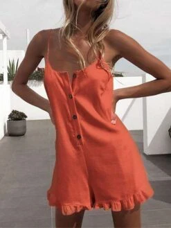 White Jumpsuits For Women Romper Ruffle Button Solid Color Crew Neck Streetwear Street Daily Regular Fit Spaghetti Strap Black Orange S M L Summer -Cheap Plus Fit Dress Store xahqpp1680073083866