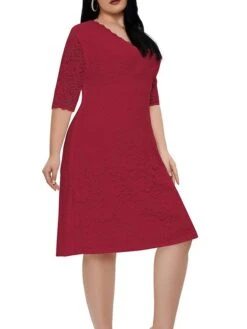 Women‘s Plus Size Curve Party Dress Lace Dress White Dress Solid Color Midi Dress Half Sleeve Lace V Neck Fashion Party White Red Summer Spring XL XXL 3XL 4XL 5XL -Cheap Plus Fit Dress Store xaxxzz1681204551567