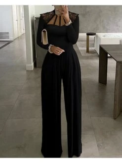 Women's Jumpsuit Lace Solid Color Crew Neck Business Wedding Party Straight Regular Fit Long Sleeve Bishop Sleeve Black S M L All Seasons