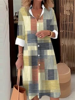 Women's Shirt Dress Casual Dress Midi Dress Outdoor Daily Date Polyester Fashion Modern Shirt Collar Button Pocket Long Sleeve Fall Winter 2023 Loose Fit Blue Orange Khaki Geometric Plaid S M L XL 2XL