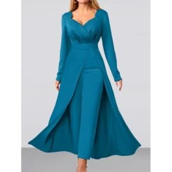 Women's Jumpsuit Solid Color V Neck Elegant Wedding Party Wide Leg Regular Fit Long Sleeve Black Blue S M L All Seasons