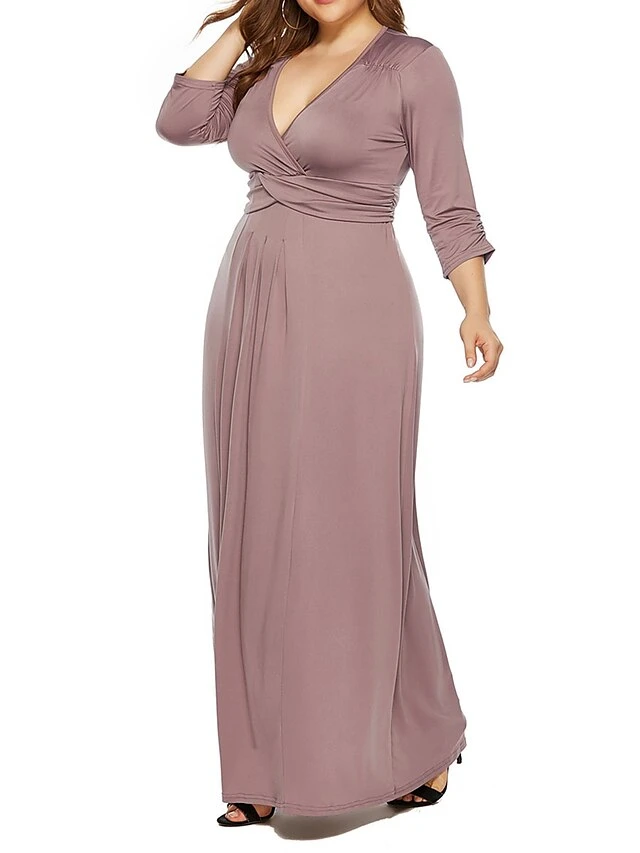 Women's Plus Size Curve Party Dress Swing Dress Formal Dress Plain Long Dress Maxi Dress 3/4 Length Sleeve Ruched Crew Neck Fashion Party Black Wine Fall Winter L XL XXL 3XL 2 Women's Plus Size Curve Party Dress Swing Dress Formal Dress Plain Long Dress Maxi Dress 3/4 Length Sleeve Ruched Crew Neck Fashion Party Black Wine Fall Winter L XL XXL 3XL - Image 2