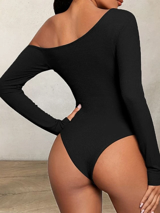 Women's Bodysuit High Waist Solid Color Off Shoulder Streetwear Street Daily Regular Fit Long Sleeve Black White Wine S M L Fall 5 Women's Bodysuit High Waist Solid Color Off Shoulder Streetwear Street Daily Regular Fit Long Sleeve Black White Wine S M L Fall - Image 5