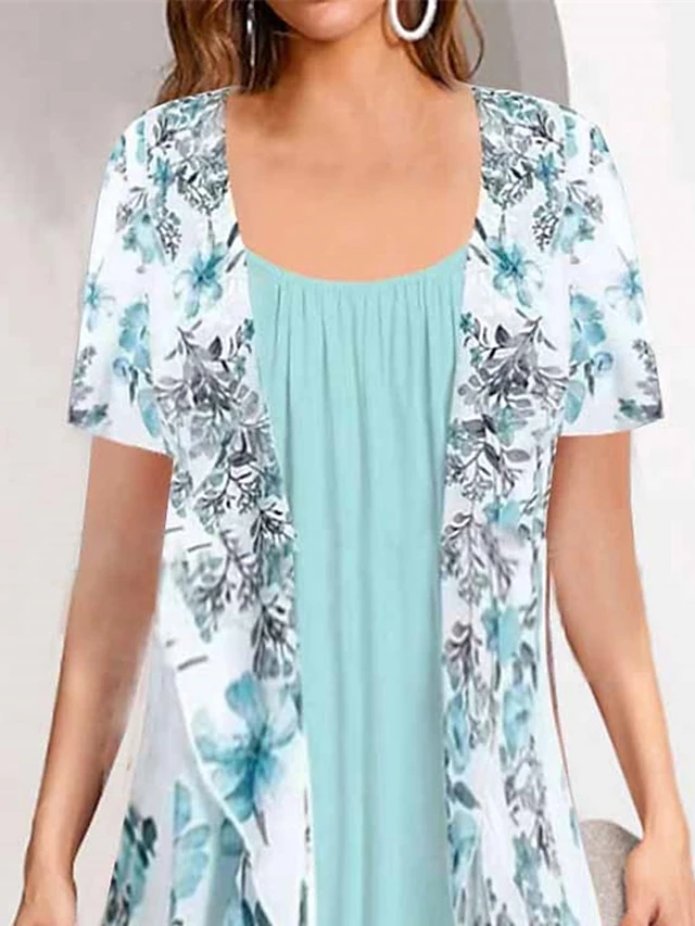 Women's Two Piece Dress Set Casual Dress Chiffon Dress Daily Holiday Fashion Modern Print Midi Dress Crew Neck Short Sleeve Floral Regular Fit Blue Summer Spring S M L XL XXL 2 Women's Two Piece Dress Set Casual Dress Chiffon Dress Daily Holiday Fashion Modern Print Midi Dress Crew Neck Short Sleeve Floral Regular Fit Blue Summer Spring S M L XL XXL - Image 2