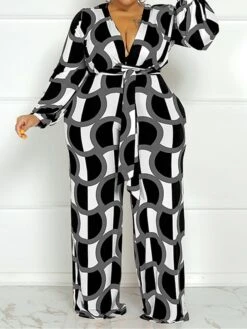 Women's Jumpsuit High Waist Print Geometric V Neck Casual Street Daily Regular Fit Long Sleeve Black Yellow Wine XL XXL 3XL Spring -Cheap Plus Fit Dress Store xcecnl1675747239916