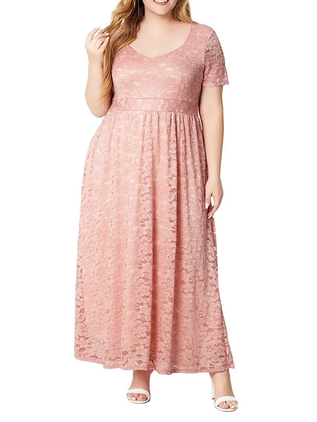 Women's Plus Size Curve Party Dress Lace Dress Sheath Dress Solid Color Long Dress Maxi Dress Short Sleeve Lace Ruched V Neck Fashion Wedding Pink Dark Blue Spring Fall XL XXL 3XL 4XL 5XL 3 Women's Plus Size Curve Party Dress Lace Dress Sheath Dress Solid Color Long Dress Maxi Dress Short Sleeve Lace Ruched V Neck Fashion Wedding Pink Dark Blue Spring Fall XL XXL 3XL 4XL 5XL - Image 3