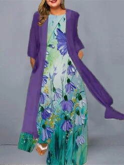 Women‘s Plus Size Curve Casual Dress Dress Set Two Piece Dress Floral Long Dress Maxi Dress 3/4 Length Sleeve Print Crew Neck Fashion Daily Purple Green Spring Summer L XL XXL 3XL 4XL -Cheap Plus Fit Dress Store xcivmv1672987353021