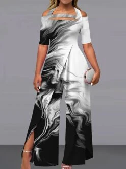 Women's Jumpsuit Print Floral Off Shoulder Elegant Wedding Party Wide Leg Regular Fit Short Sleeve Black Pink Blue S M L Summer