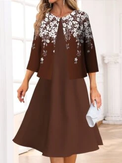 Women's Two Piece Dress Set Casual Dress Swing Dress Outdoor Office Fashion Streetwear Print Midi Dress Crew Neck 3/4 Length Sleeve Floral Regular Fit Wine Navy Blue Blue Spring Fall S M L XL XXL -Cheap Plus Fit Dress Store xcmifl1691646778184