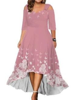 Women‘s Plus Size Curve Party Dress Wedding Guest Dress Swing Dress Long Dress Maxi Dress Pink Blue Green 3/4 Length Sleeve Floral Cold Shoulder Summer Spring Fall V Neck Fashion Birthday
