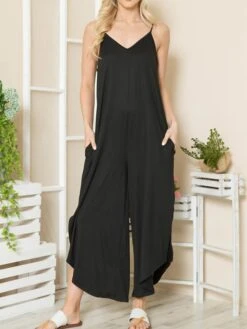 Women's Jumpsuit Pocket Solid Color V Neck Streetwear Home Street Regular Fit Spaghetti Strap Black Red S M L Summer