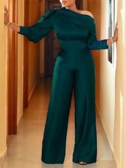 Women's Jumpsuit High Waist Solid Color Cold Shoulder Elegant Party Xmas Christmas Regular Fit 3/4 Length Sleeve White Blue Green S M L Fall