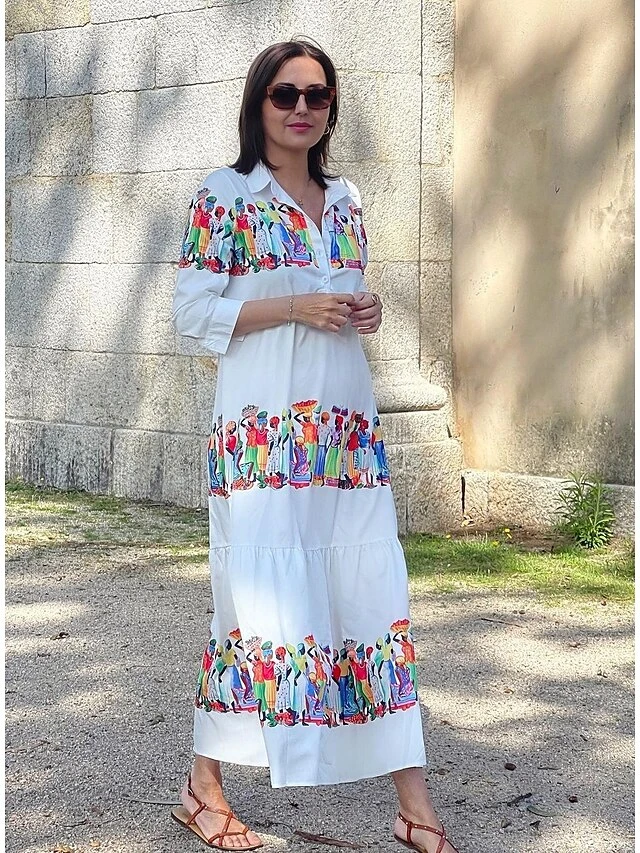 Women's Shirt Dress Casual Dress Swing Dress Maxi Long Dress Outdoor Daily Vacation Polyester Fashion Modern Shirt Collar Ruffle Button Long Sleeve Summer Spring Fall 2023 Loose Fit White Abstract 6 Women's Shirt Dress Casual Dress Swing Dress Maxi Long Dress Outdoor Daily Vacation Polyester Fashion Modern Shirt Collar Ruffle Button Long Sleeve Summer Spring Fall 2023 Loose Fit White Abstract - Image 6
