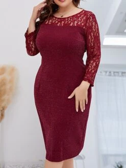 Women‘s Plus Size Curve Party Dress Lace Dress Cocktail Dress Midi Dress Wine Long Sleeve Pure Color Lace Spring Fall Winter Crew Neck Fashion Winter Dress Birthday Wedding Guest 2023 -Cheap Plus Fit Dress Store xdopgi1691999687311