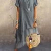 Women's Casual Dress Cotton Linen Dress A Line Dress Midi Dress Cotton Blend Basic Modern Outdoor Daily Crew Neck Ruffle Layered Short Sleeve Summer Spring 2023 Loose Fit Blue Green Gray Plain S M L