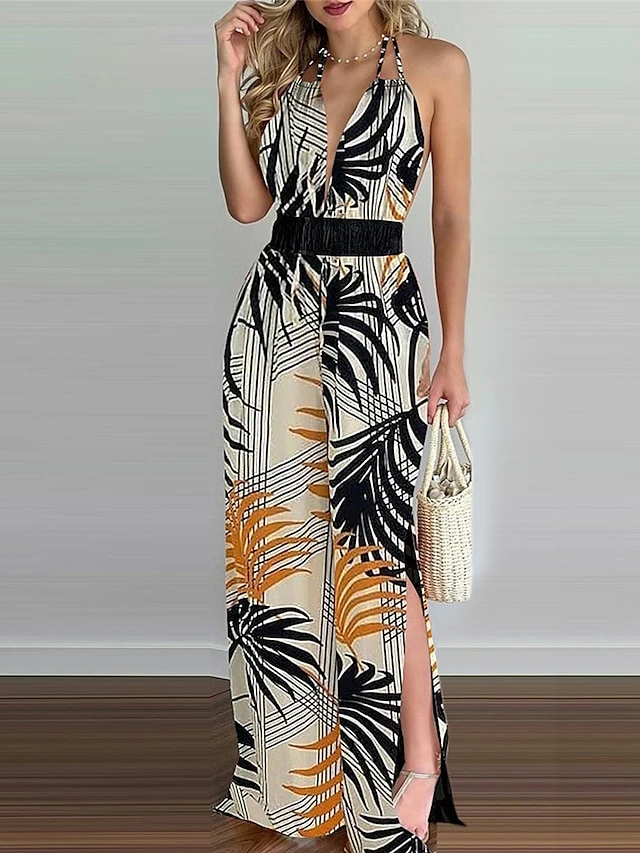 Women's Jumpsuit Backless High Waist Floral Halter Streetwear Street Cocktail Party Regular Fit Sleeveless Black Yellow Blue S M L Summer 1 Women's Jumpsuit Backless High Waist Floral Halter Streetwear Street Cocktail Party Regular Fit Sleeveless Black Yellow Blue S M L Summer