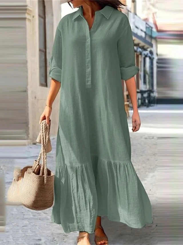Women's Casual Dress Cotton Dress Swing Dress Maxi Long Dress Cotton Basic Classic Outdoor Daily Vacation Shirt Collar Ruched Button Long Sleeve Spring Fall Winter 2023 Loose Fit Blue Green Khaki 2 Women's Casual Dress Cotton Dress Swing Dress Maxi Long Dress Cotton Basic Classic Outdoor Daily Vacation Shirt Collar Ruched Button Long Sleeve Spring Fall Winter 2023 Loose Fit Blue Green Khaki - Image 2