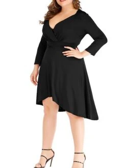 Women's Plus Size Curve Work Dress Black Dress A Line Dress Fashion Midi Dress Ruched V Neck Long Sleeve Plain Loose Fit Black Wine Blue Fall XL XXL 3XL 4XL 5XL -Cheap Plus Fit Dress Store xfbxsi1693203477024