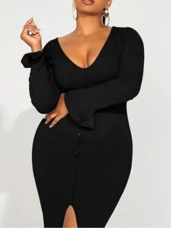 Women's Plus Size Party Dress Cocktail Dress Bodycon Midi Dress Black Long Sleeve Pure Color Split Fall Winter Autumn V Neck Fashion Winter Dress Vacation Fall Dress 2023 XL XXL 3XL