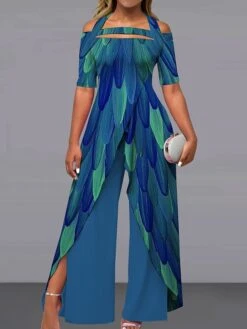 Women's Jumpsuit Maillard Print Floral Off Shoulder Elegant Party Wide Leg Regular Fit Short Sleeve Pink Navy Blue Royal Blue S M L Summer Fall -Cheap Plus Fit Dress Store xfeggc1685010230857