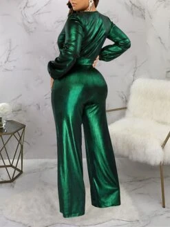 Women's Jumpsuit High Christmas Waist Solid Color V Neck Streetwear Party Xmas Street Regular Fit Long Sleeve Gold Green S M L Fall -Cheap Plus Fit Dress Store xfibkk1695281835586