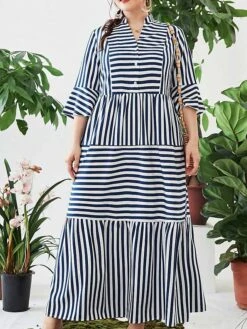 Women's Shirt Dress Casual Dress Maxi Long Dress Outdoor Daily Date Cotton Polyester Fashion Basic Stand Collar Patchwork Button Long Sleeve Fall 2023 Loose Fit Blue Striped L XL 2XL 3XL 4XL