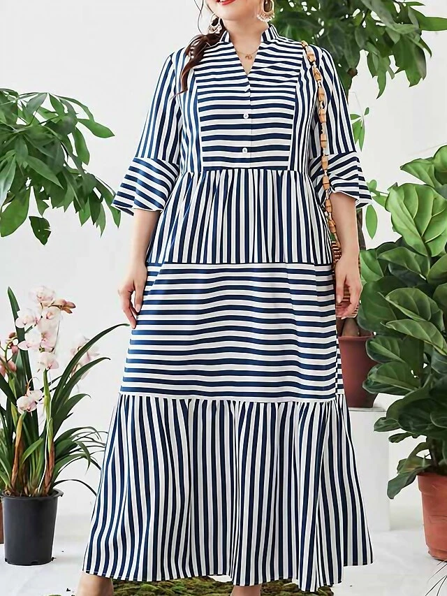 Women's Shirt Dress Casual Dress Maxi Long Dress Outdoor Daily Date Cotton Polyester Fashion Basic Stand Collar Patchwork Button Long Sleeve Fall 2023 Loose Fit Blue Striped L XL 2XL 3XL 4XL 1 Women's Shirt Dress Casual Dress Maxi Long Dress Outdoor Daily Date Cotton Polyester Fashion Basic Stand Collar Patchwork Button Long Sleeve Fall 2023 Loose Fit Blue Striped L XL 2XL 3XL 4XL