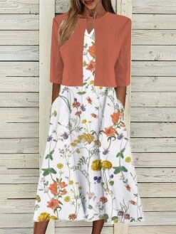 Women's Two Piece Dress Set Casual Dress Tank Dress Outdoor Daily Fashion Streetwear Pocket Print Midi Dress V Neck 3/4 Length Sleeve Floral Regular Fit Yellow Blue Fuchsia Summer Spring S M L XL XXL