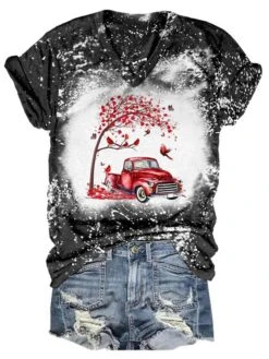 Women's T Shirt Tee Christmas Shirt Black Graphic Print Short Sleeve Daily Weekend Fashion Christmas V Neck Regular Fit Painting Summer