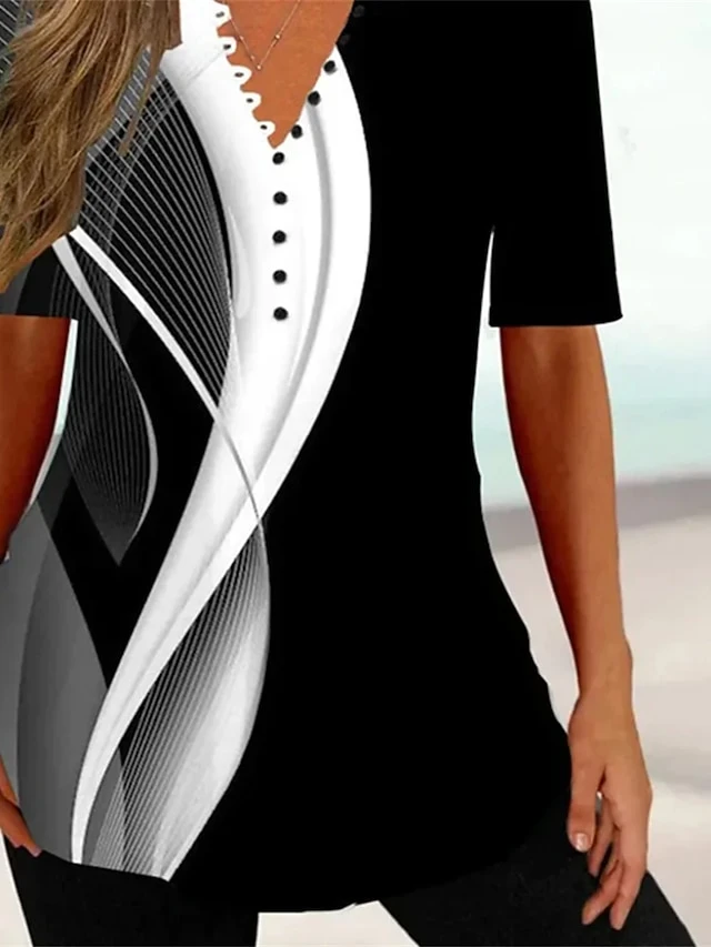 Women's T Shirt Tee Black Geometric Abstract Button Print Short Sleeve Casual Daily Tunic Basic V Neck Regular Fit 2 Women's T Shirt Tee Black Geometric Abstract Button Print Short Sleeve Casual Daily Tunic Basic V Neck Regular Fit - Image 2