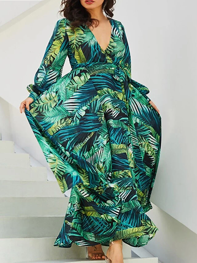 Women's Plus Size A Line Dress Floral V Neck Print Lantern Sleeve Long Sleeve Fall Spring Casual Mumu Maxi Long Dress Daily Holiday Dress 2 Women's Plus Size A Line Dress Floral V Neck Print Lantern Sleeve Long Sleeve Fall Spring Casual Mumu Maxi Long Dress Daily Holiday Dress - Image 2