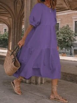 Women‘s Plus Size Curve Holiday Dress Solid Color Crew Neck Half Sleeve Fall Spring Casual Boho Maxi Long Dress Daily Vacation Dress Cotton -Cheap Plus Fit Dress Store xgnhft1621240347947