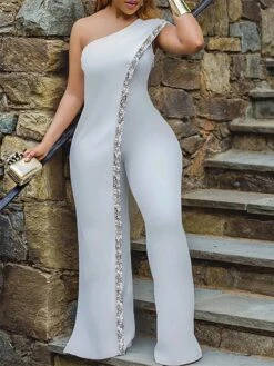 Women's Jumpsuit Patchwork High Waist Solid Color One Shoulder Streetwear Xmas Wedding Party Christmas Regular Fit Sleeveless White Red Blue S M L Fall -Cheap Plus Fit Dress Store xgtqyj1692616012232