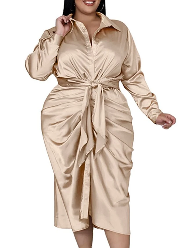Women‘s Plus Size Curve Flattering Dresses Elegant Apple Shaped Dress Wedding Guest Work Dress Pure Color Shirt Collar Long Sleeve Fall Winter Work Midi Dress Going Out Work Dress Shirt Dress 4 Women‘s Plus Size Curve Flattering Dresses Elegant Apple Shaped Dress Wedding Guest Work Dress Pure Color Shirt Collar Long Sleeve Fall Winter Work Midi Dress Going Out Work Dress Shirt Dress - Image 4