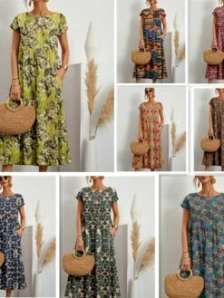 Women's Casual Dress Cotton Linen Dress Swing Dress Midi Dress Linen / Cotton Blend Fashion Casual Outdoor Daily Holiday Crew Neck Pocket Print Short Sleeve Summer Spring 2023 Loose Fit ArmyGreen -Cheap Plus Fit Dress Store xhjubn1692771649271