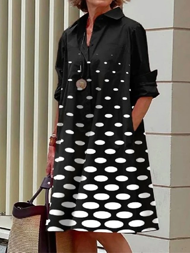Women's Shirt Dress Casual Dress Midi Dress Outdoor Daily Vacation Polyester Fashion Casual Shirt Collar Button Pocket Long Sleeve Summer Spring Fall 2023 Loose Fit Black White Gray Polka Dot Flower 2 Women's Shirt Dress Casual Dress Midi Dress Outdoor Daily Vacation Polyester Fashion Casual Shirt Collar Button Pocket Long Sleeve Summer Spring Fall 2023 Loose Fit Black White Gray Polka Dot Flower - Image 2
