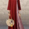 Women's Casual Dress Cotton Linen Dress A Line Dress Maxi Long Dress Cotton Blend Casual Outdoor Daily Crew Neck Print 3/4 Length Sleeve Summer Spring 2023 Loose Fit Black Red Navy Blue Plaid M L XL
