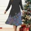 Women's Christmas Plus Size Curve Casual Dress Skater Dress A Line Dress Christmas Tree Snowflake Midi Dress Long Sleeve Print Crew Neck Fashion Outdoor Black Wine Fall Winter L XL XXL 3XL 4XL