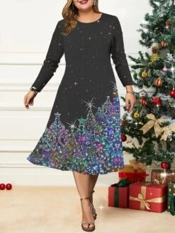Women's Christmas Plus Size Curve Casual Dress Skater Dress A Line Dress Christmas Tree Snowflake Midi Dress Long Sleeve Print Crew Neck Fashion Outdoor Black Wine Fall Winter L XL XXL 3XL 4XL
